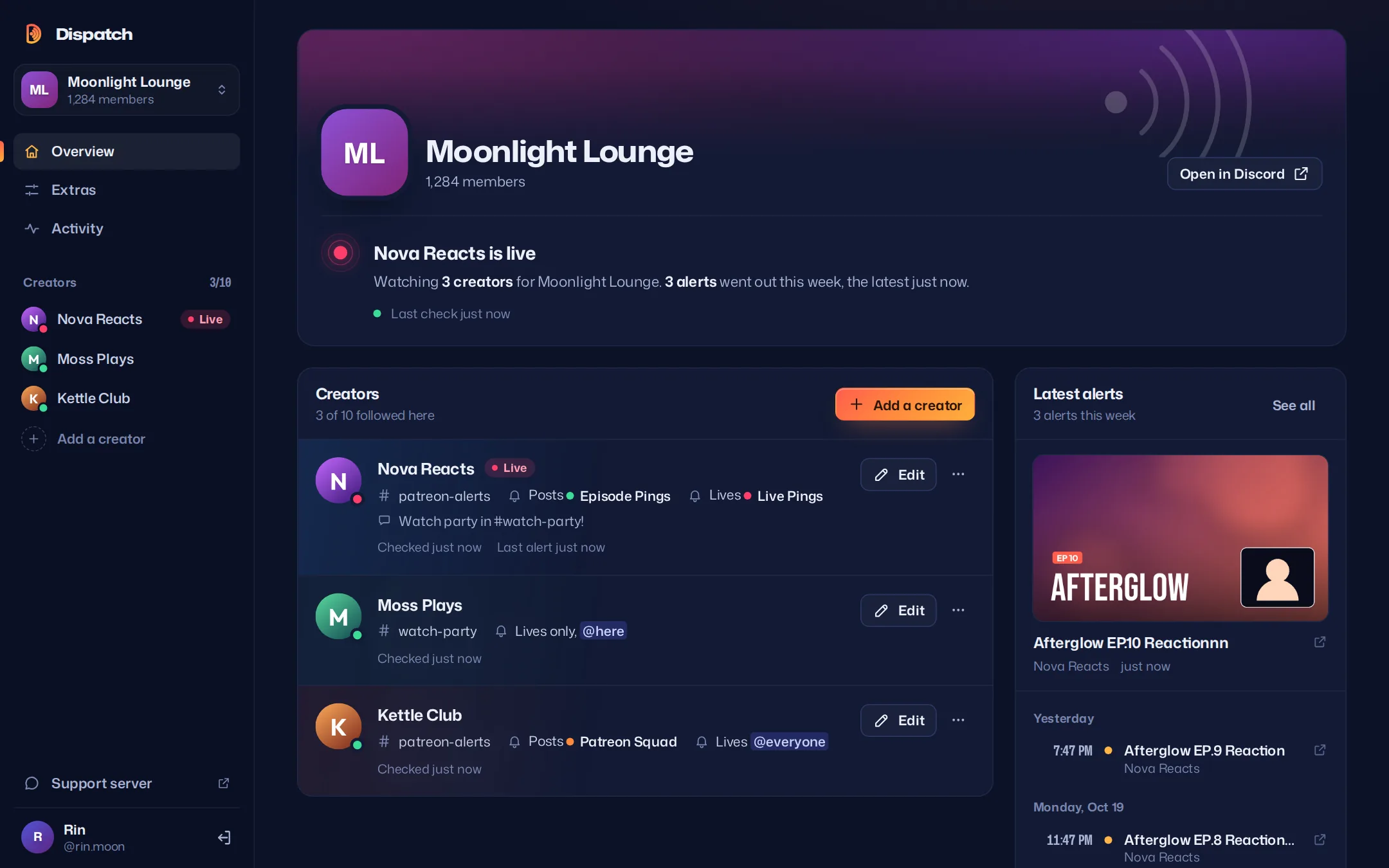 Dispatch's dashboard for a server: its creators with their channels and pings, one of them live, when each was last checked, and the latest alerts with the newest one's picture